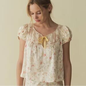 NWT Doen Camri Silk Lace Floral Puff Shoulder Tie Blouse Top Flowering Meadow